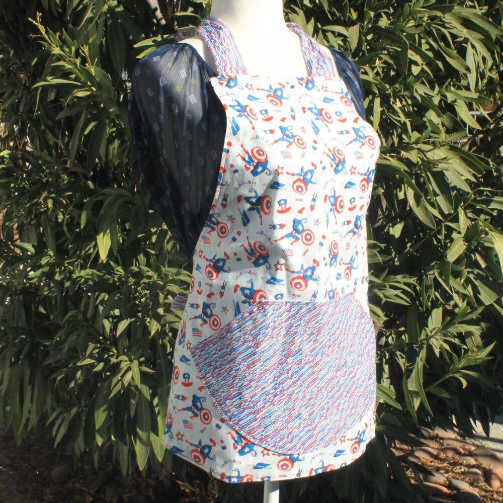 Captain America Children's' Full Apron Red, White Blue Handmade Cotton Reversibl